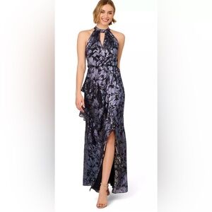 Adrianna Papell Crinkle Metallic Keyhole Halter Neck Floral Ruffle Gown Navy Sz2
